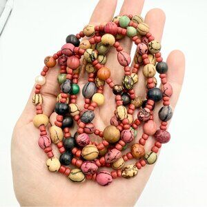 Vtg Tibetan Ethnic Regional Multicolor Wooden Beaded Red Coral Praying Necklace